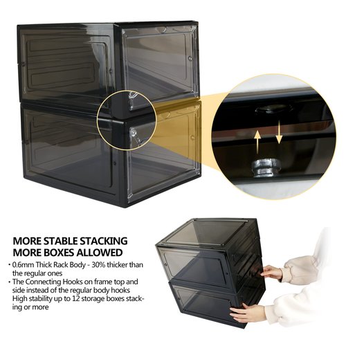 Evron Sturdy Shoe Storage Boxes Organizer Box, Fit Closet Organizers Case, Easy Snap-on Assembly Shoe Boxes Clear Plastic Stackable Rack Containers Drawers for Display Sneaker (Black, 6 Pack)