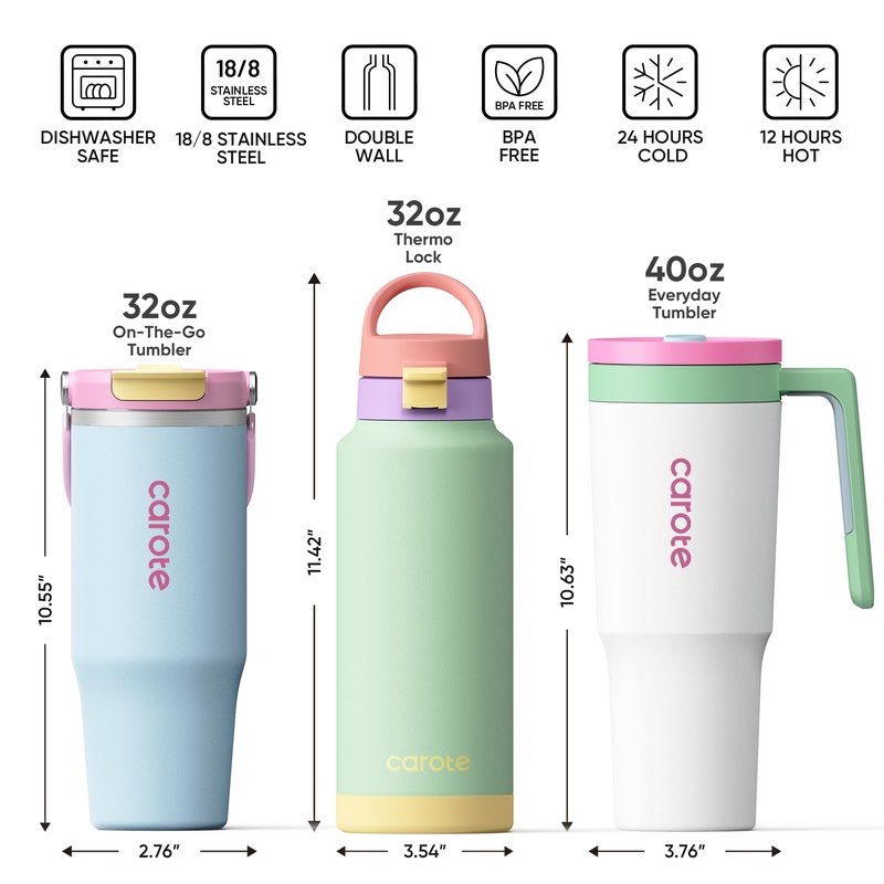 CAROTE 30 oz Insulated Water Bottle with Handle & 32 oz Travel Tumblers with Straw, Leakproof Dual Drink Ports Lid, Double-Wall Stainless Steel Vacuum Insulated for Sports, School (Pink)