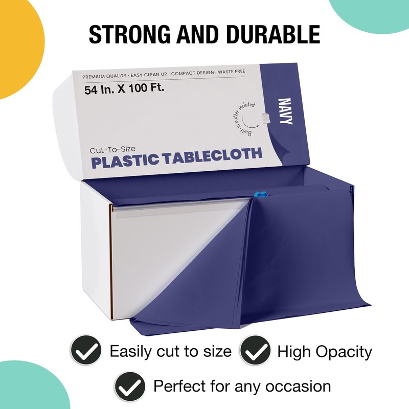 Party Solids 54 Inch X 100 Feet Navy Plastic Table Cover Roll in A Cut - to - Size Box with Convenient Slide Cutter. Cuts Up to 12 Rectangle 8 Feet Plastic Disposable Tablecloths