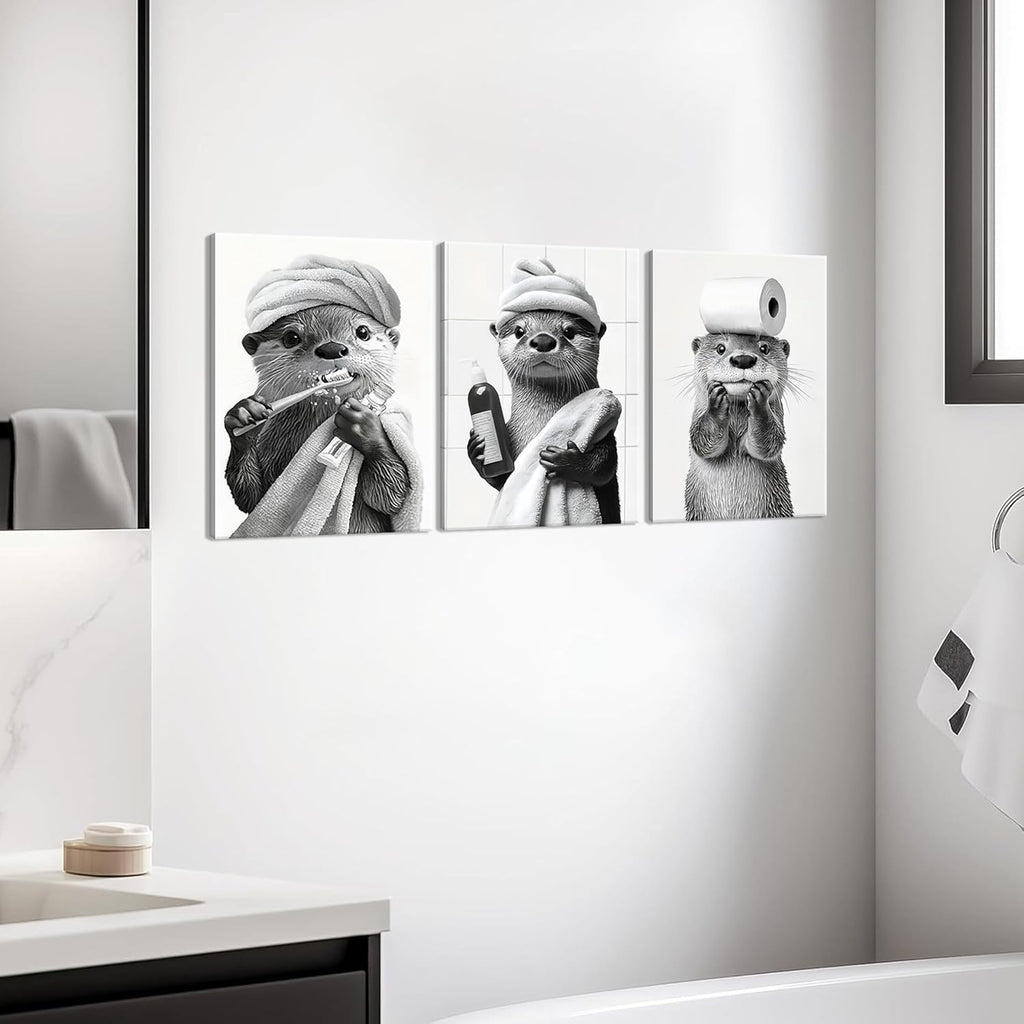 Otter Canvas Wall Art Set by Cute Bathroom | Funny Black and White Prints for Farmhouse Decor | 12x16 Inch