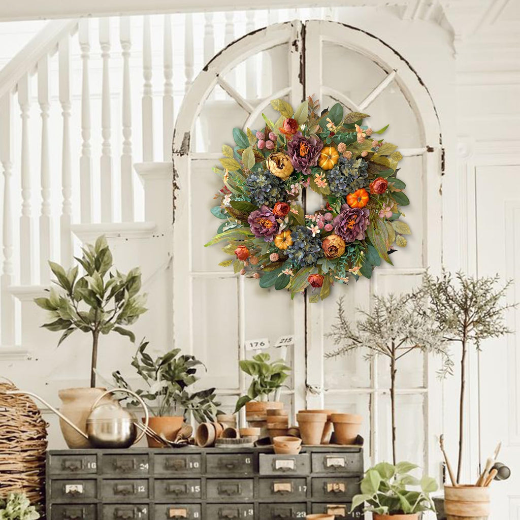 WANNA-CUL 24 Inch Spring & Fall Wreath - Blue Hydrangea & Purple Peony | Autumn Door Decor