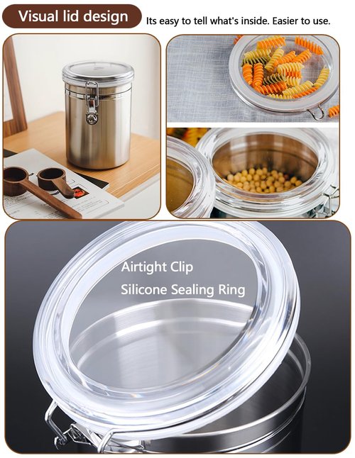 Coffee Canister 4 Pcs Stainless Steel Food Container with Clear Lids Airtight Container Stackable Canisters Kitchen Pantry Storage for Cereal, Snacks, Candy, Herbs, Spices, Sugar, Tea (1.8L Silver-4)