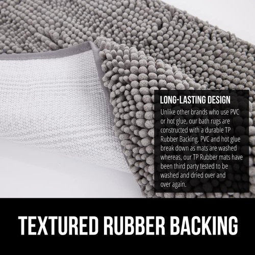 GORILLA GRIP Bath Rug Mat & Mesh Bath Pillow Bundle - Soft Absorbent Chenille, Gray & White, 2 Items