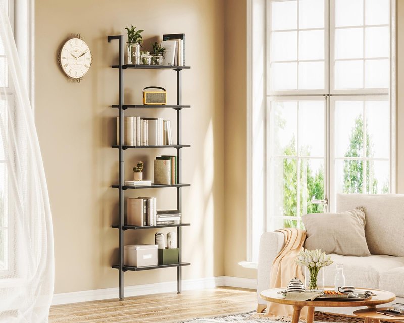 ODK 5-Tier Ladder Bookcase, Industrial Storage Shelf with Metal Frame for Living Room, Home Office, Kitchen & Bedroom, Space Saving Freestanding Organizer Rack, Black (8" D x 16" W x 74" H)