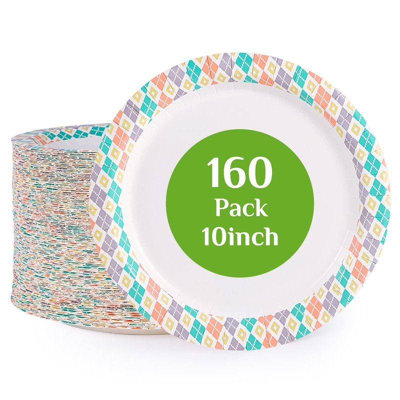 FOCUSLINE 10 Inch Paper Plates, 160 Count Disposable Paper Plates for Everyday Use, Cut-Proof & Soak-Proof Coated Dinner Plate Large, Round 10" Plate for Home, Party