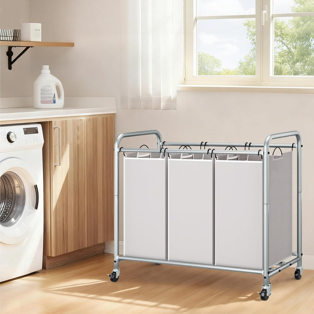 Storage Maniac Laundry Sorter - 3 Section Hamper Cart with Lockable Wheels & Removable Bags | 35.6 Gal, Gray