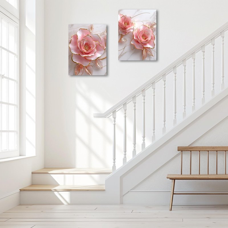 PBXBJY Pink Rose Flower Wall Art Modern Wall Decor Abstract Gold and Pink Canvas Painting Floral Marble Prints for Bedroom Bathroom Decor ((16.00" x 24.00" x 2PCS))