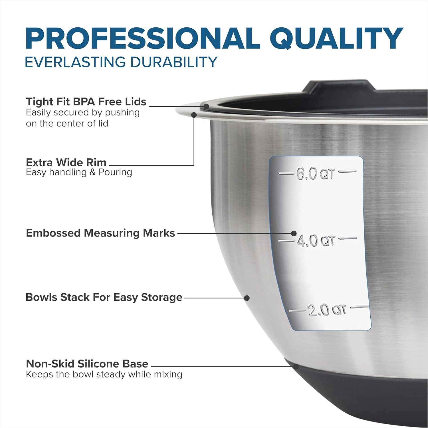 Viking Mixing Bowls Set - 10 Piece Stainless Steel Cookware with Non-Slip Silicone Base & Lids | Black