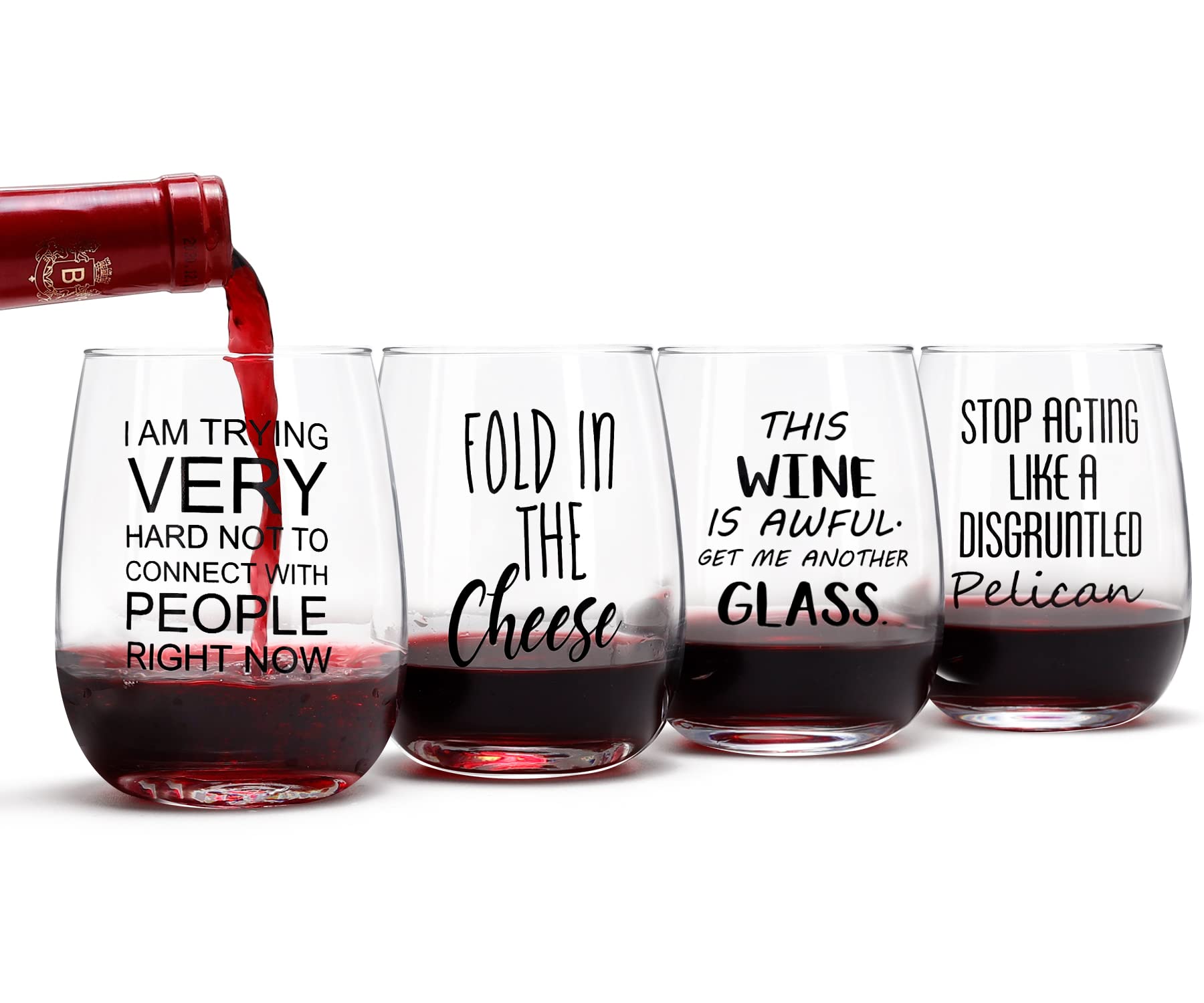 Funny Stemless Wine Glasses Set of 4 - SC Merchandise, Unique Housewarming Gifts for New Home Women Men, Kitchen Christmas Bar Decor, 15 oz