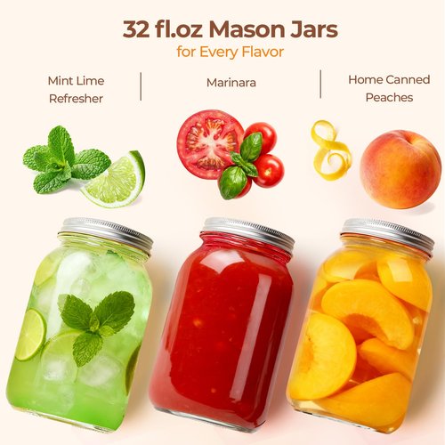 ComSaf Wide Mouth Mason Jars 32 oz with Lids 2 Pcs, Quart Mason Jars with Seal Band, Large Glass Jars, Large Canning Containers for Pickles, Jams, Sauces, Salsa, Sourdough, Salad, Suntea, Food Storage