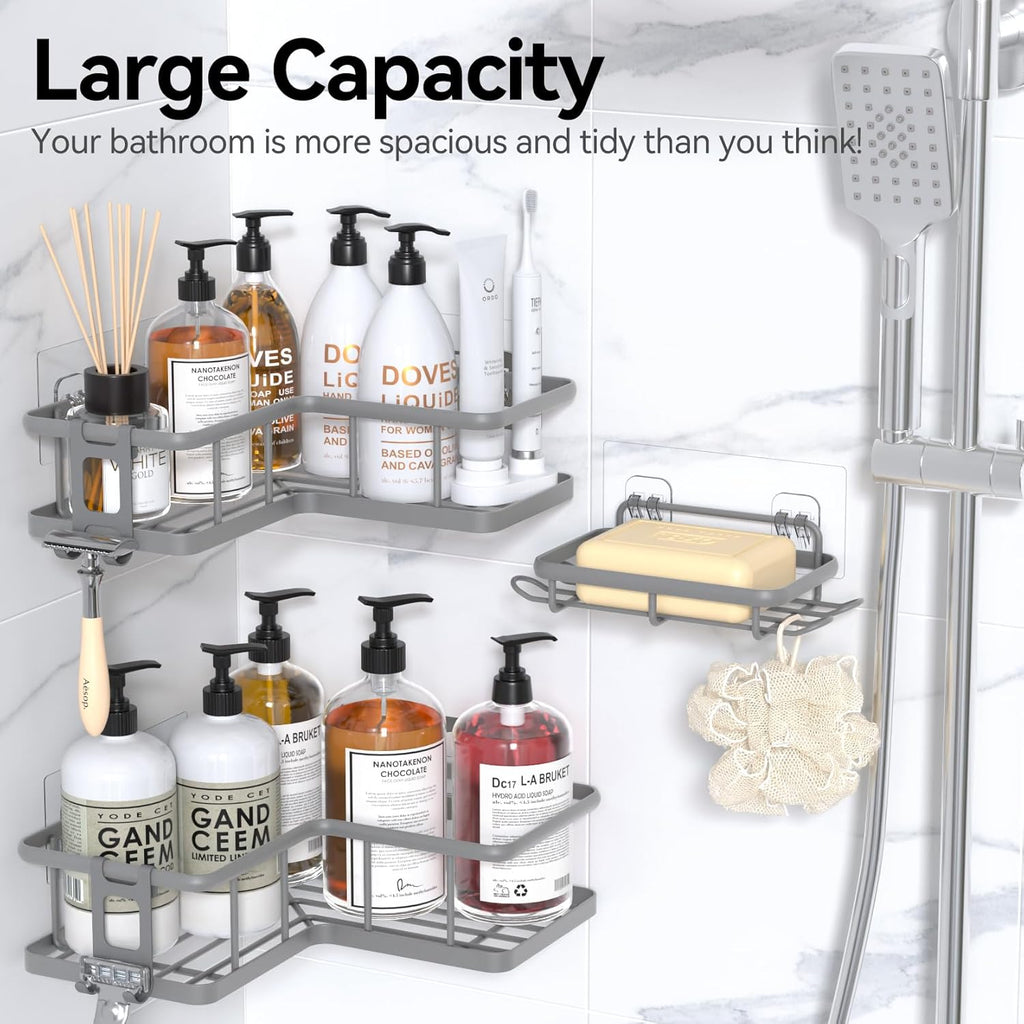 YASONIC Shower Caddy - 3-Pack Rustproof Stainless Steel Corner Shelves with Soap Holder | Grey