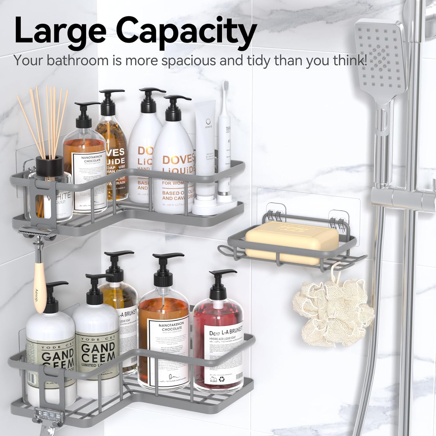 YASONIC Shower Caddy - 3-Pack Rustproof Stainless Steel Corner Shelves with Soap Holder | Grey