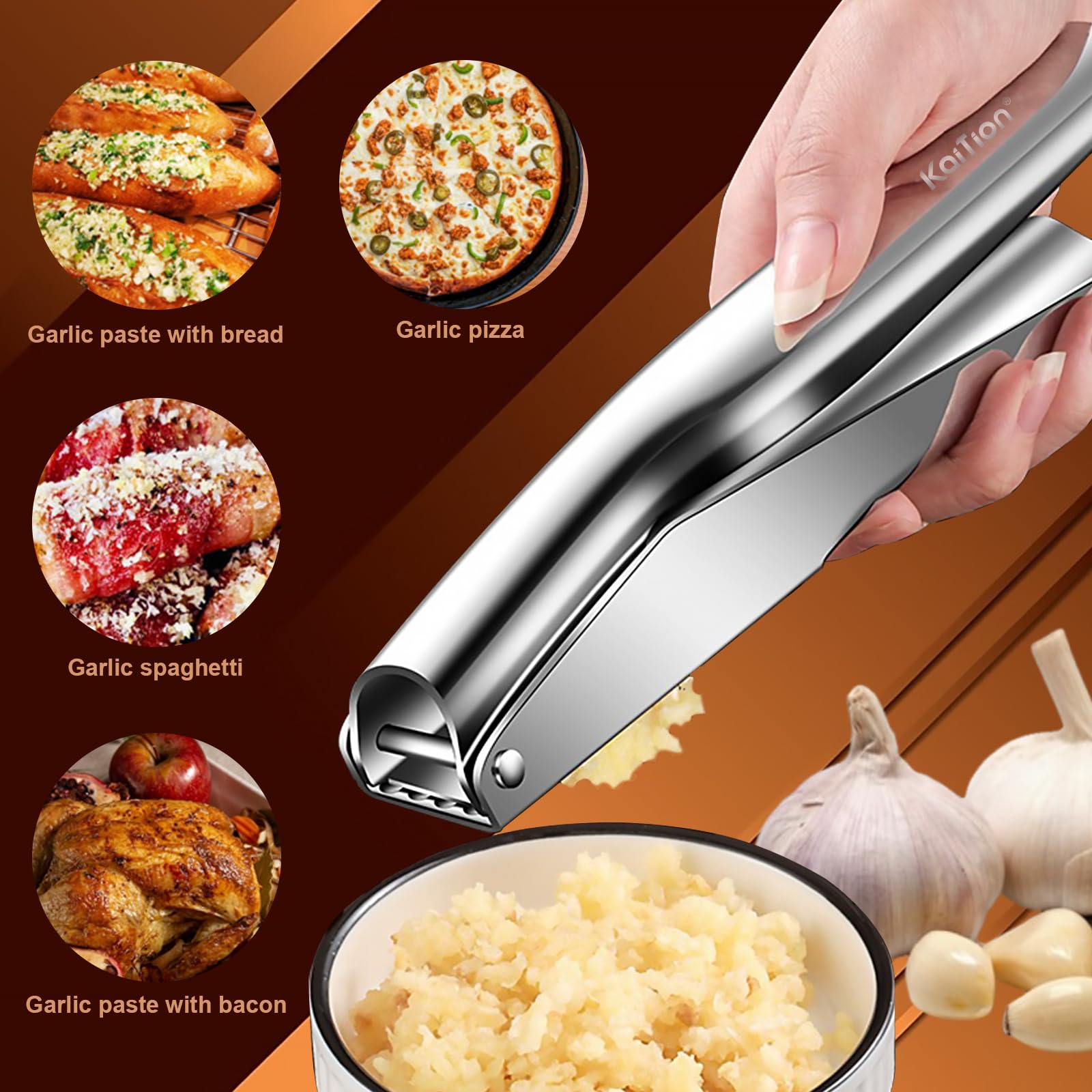 KAITION Stainless Steel Garlic Press, Premium Garlic Crusher - Leak-Proof, Easy to Clean, Rust-resistant, Dishwasher Safe!