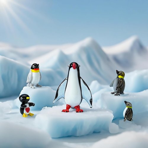 HDCRYSTALGIFTS Blown Glass Penguin Figurines Set - Handmade Miniature Ocean Animal Sculptures