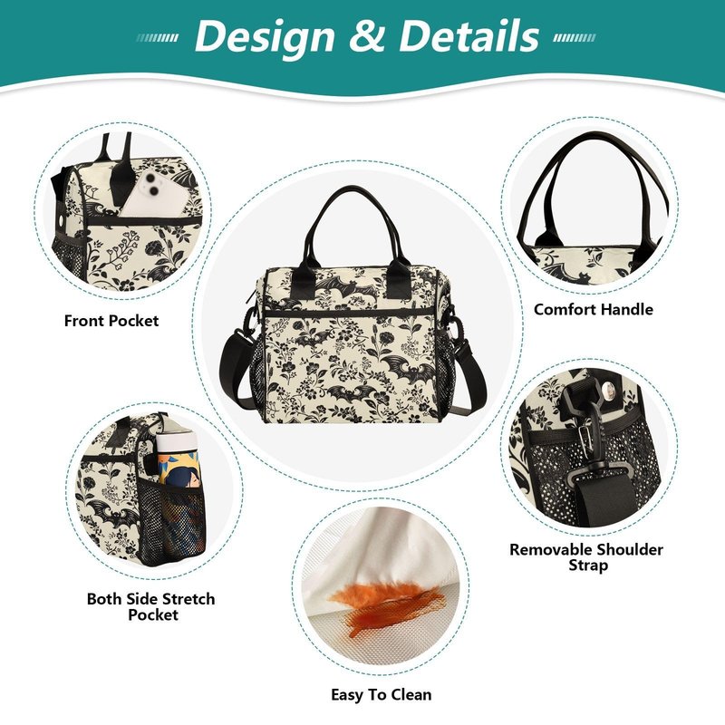 Goth Bat Pattern Lunch Bag & Lunch Box for Women with Adjustable Shoulder Belt Insulated Portable Lunch Tote Bag Cooler Bag for Girls Travel Office Picnic