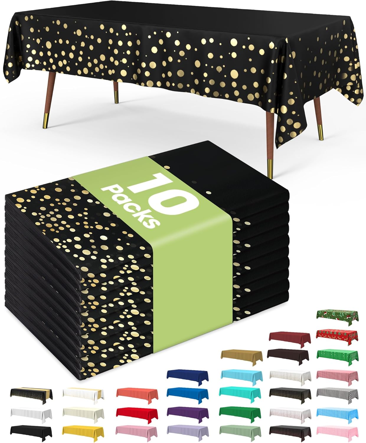 Pureegg Disposable Plastic Tablecloths - 10 Pack, 54 x 108 Inch, Leakproof & Sturdy, Black and Gold for Graduation Celebrations