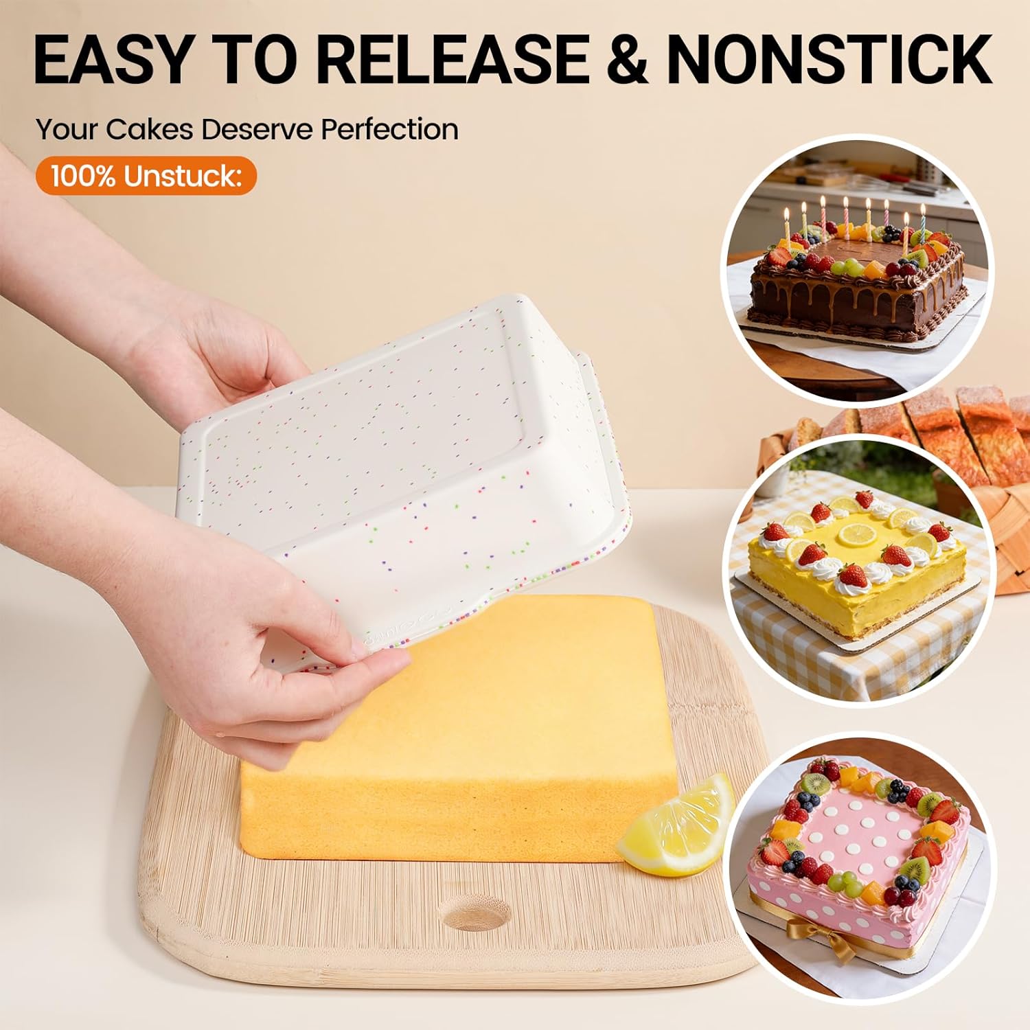 SJ Silicone Square Cake Pan Set - 8 x 8 Inch Nonstick Molds with Metal Reinforced Frame - BPA Free for Cakes, Brownies, and More