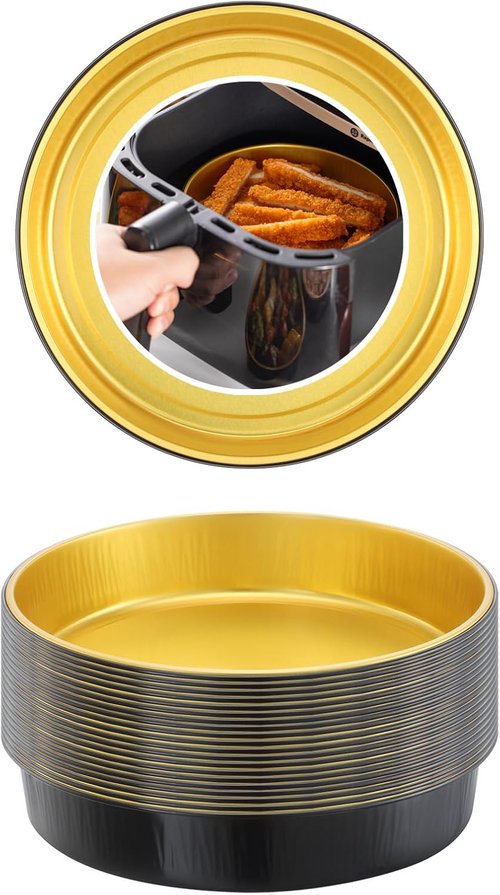 Air Fryer Foil Liners 20 Pack - 7 Inch Round Disposable Aluminum Pans | High-Heat Safe, Food-Grade Black & Gold