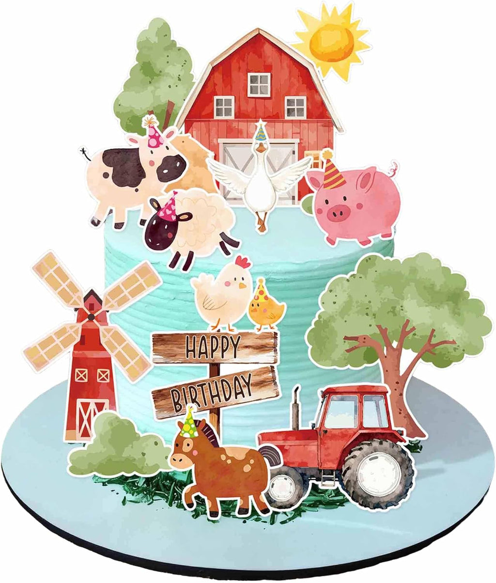 Skiennix 16PCS Farm Animal Birthday Cake Decorations - Fun Party Toppers with Barn, Tractor & Animals