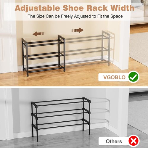 Expandable Shoe Rack by [Brand Name] - Adjustable 3-Tier Shoe Organizer for 18 Pairs | Sturdy Metal Storage in Black