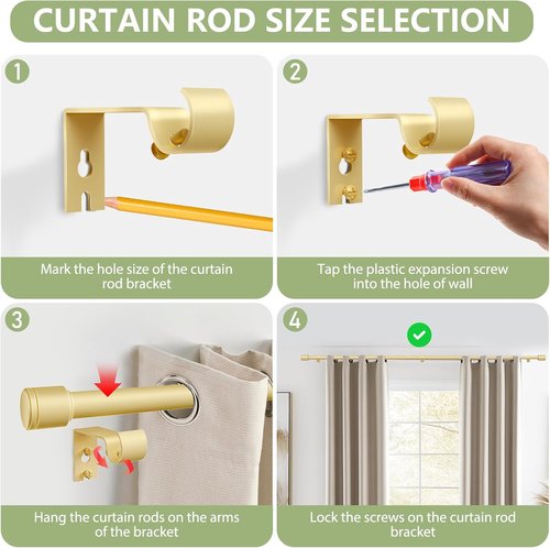 Gold Adjustable Curtain Rods by [Brand Name] - 5/8” Diameter, 30-120 Inch for Windows with Brackets