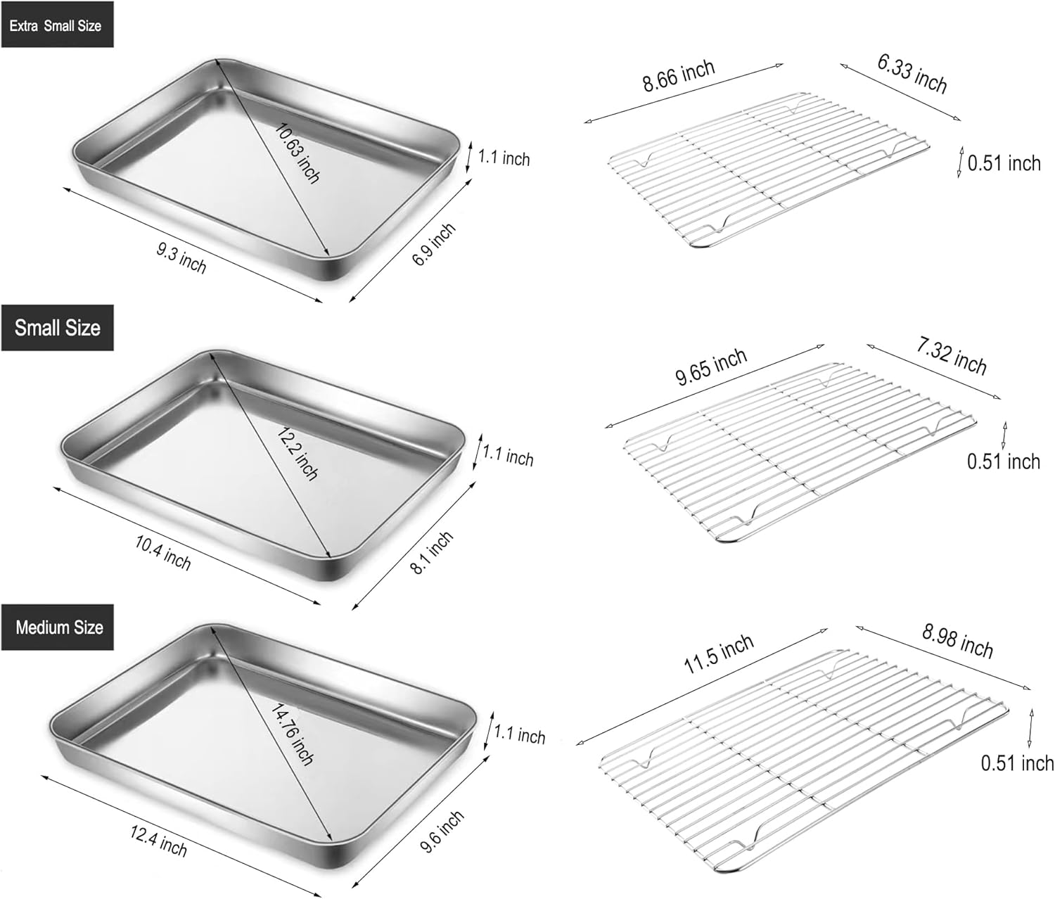 Skiennix Extra Small Serving Trays Set - Stainless Steel 304 Baking Sheet Pans with Cooling Racks | 9.3 x 6.9 Inch, Dishwasher Safe for 1-2 People