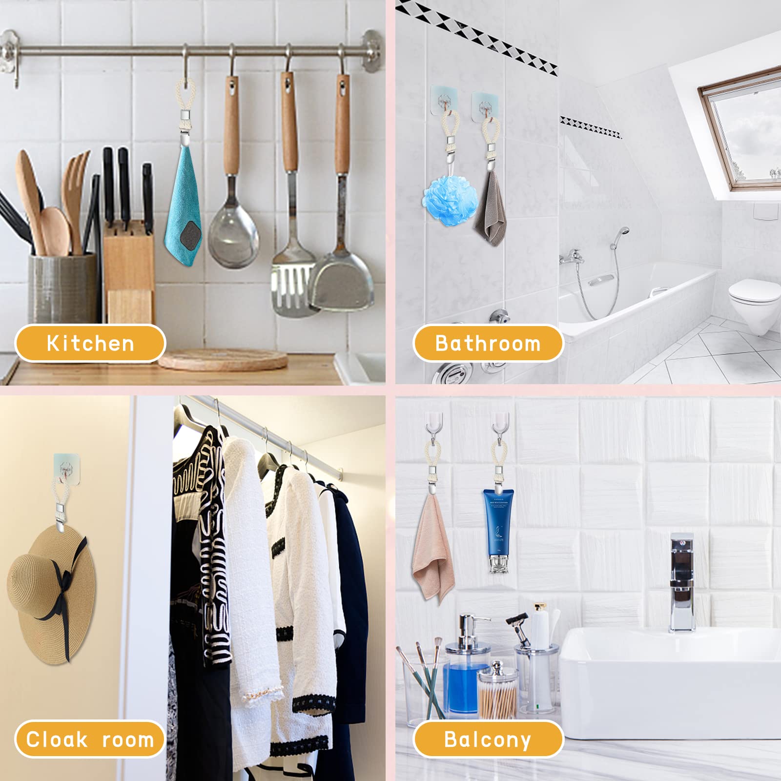 Elesunory 8PCS Hanging Tea Towels Clip, Metal towel hanger with Loop Cotton, Hand Towel Hook for Home Kitchen Bathroom Hanging Towels