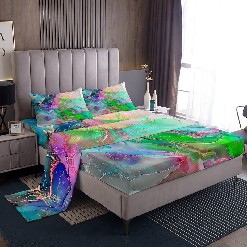 Erosebridal Teal Pink Green Bed Sheets Set Modern Marble King Sheet Set, Gold Metallic Sheets Chic Foil Print Bed Set, Abstract Mountain Fluid Flat Sheet Kids Home Decor