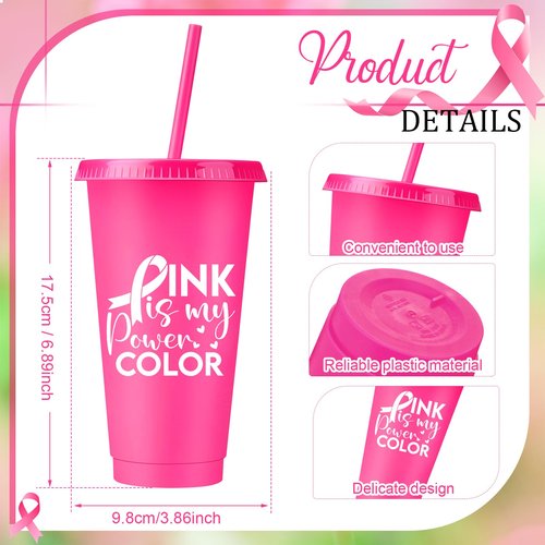 Bokon 12 Pcs Breast Cancer Gifts for Women, 24oz Breast Cancer Awareness Tumblers with Straws and Lids Plastic Pink Ribbon Water Bottles Bulk Reusable Pink Cups Coffee Mugs for Women (Classic)