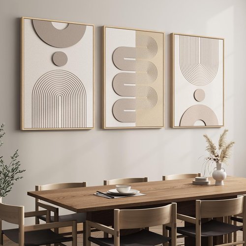 Boho Wall Art by Large 3D - Neutral Abstract Framed Artwork | 3-Piece Modern Geometric Set, 24x36 In