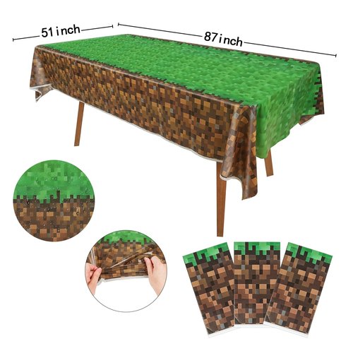 JamboRella 3PCS Pixel Gaming Tablecloth Set, 51 x 87 inches, Green and Brown Table Cover for Video Game Themed Birthday Party Decoration Supplies