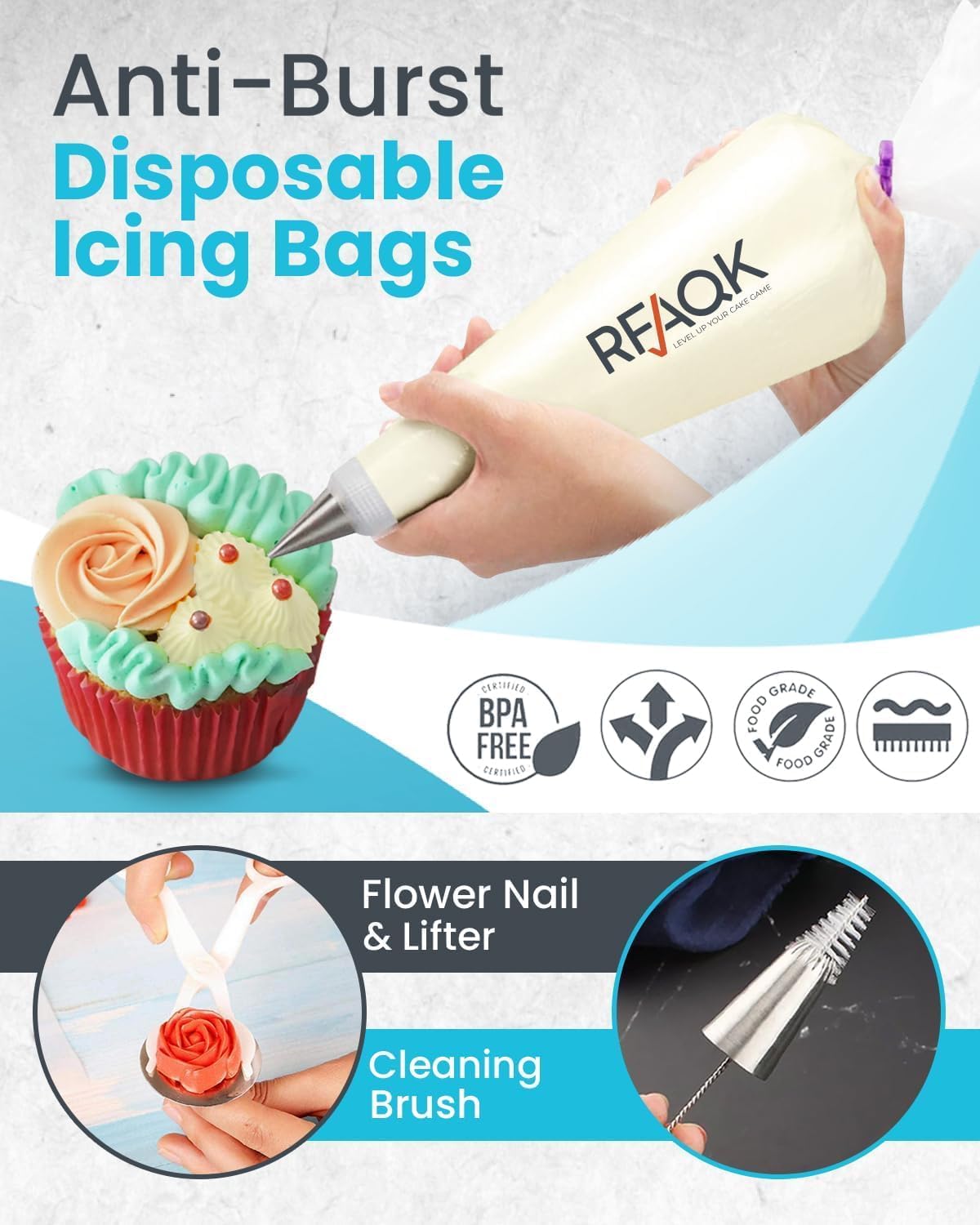 RFAQK Icing Piping Bags and Tips Set - 74-Piece Cake Decorating Kit with 48 Numbered Tips & E-Book