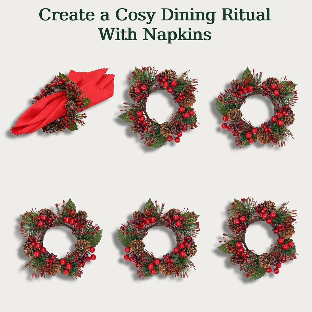 Regine Switzerland Candle Rings Set of 6 - Festive Wreaths with Red Berries & Pinecones for Christmas Decor