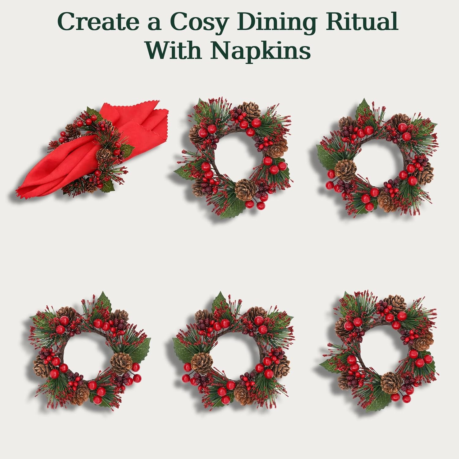 Regine Switzerland Candle Rings Set of 6 - Festive Wreaths with Red Berries & Pinecones for Christmas Decor