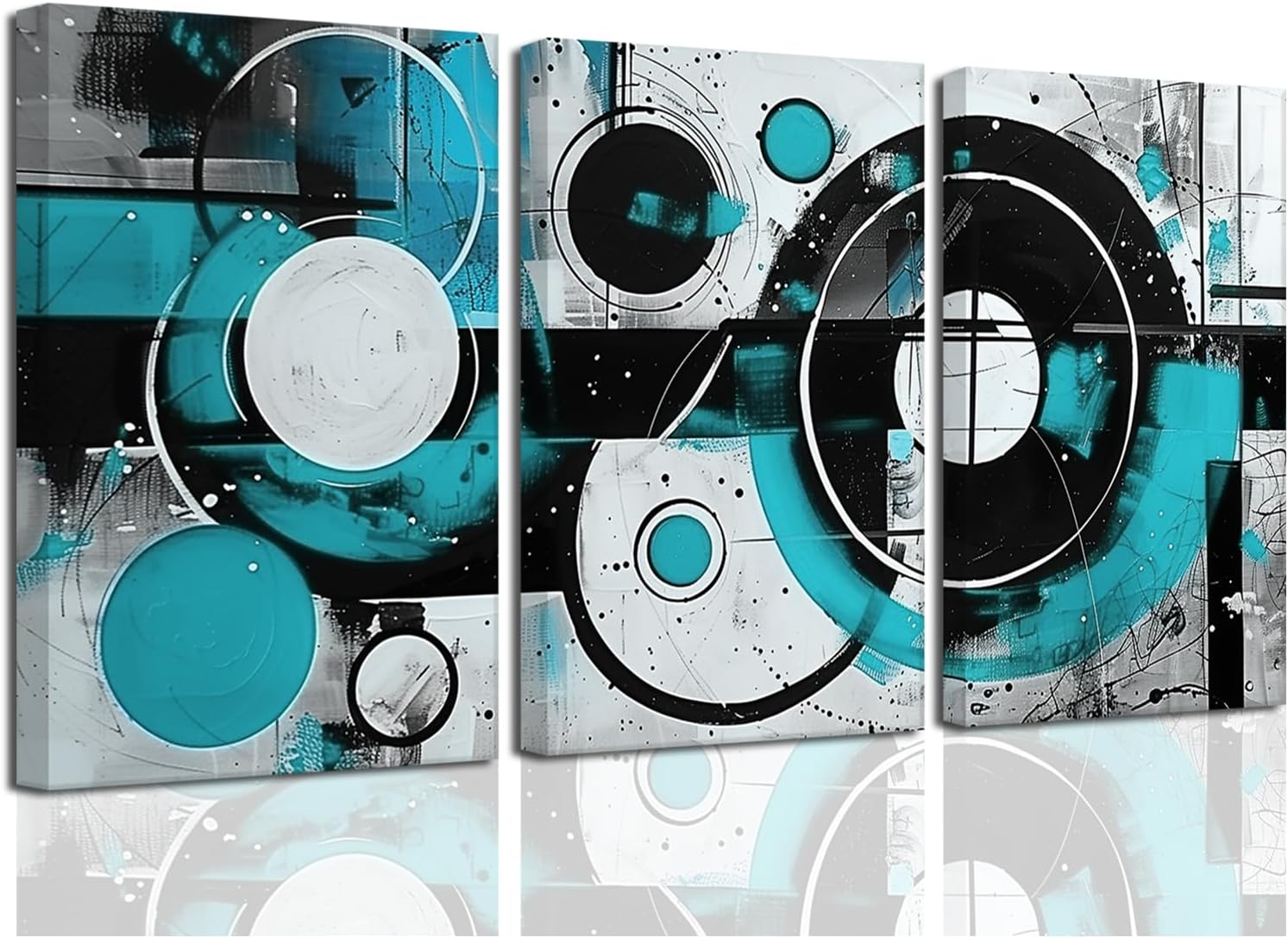 SWQYLB Teal Abstract Wall Art - Blue & Gray Canvas Print Set of 3 | Geometric Circle Design for Home Office Decor (Framed, 12" x 16")