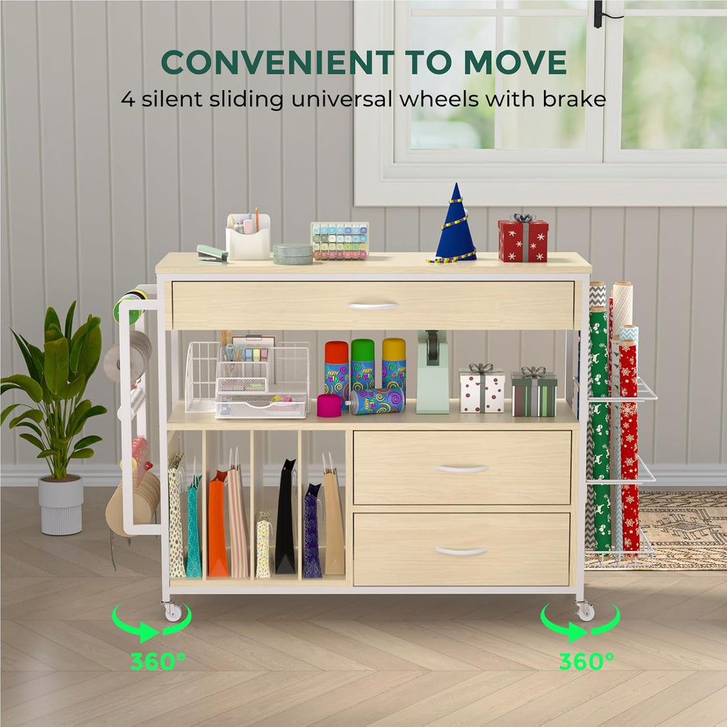Skiennix Wrapping Paper Organizer - Craft Cart with Ribbon & Gift Bag Storage | Oak Finish, 3 Drawers