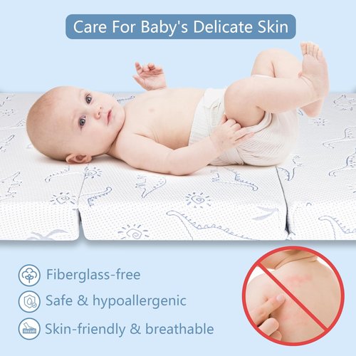 Mochen Trifold Pack and Play Mattress 38x26 Memory Foam Pack n Play Mattresses with Removable Dinosaurs Cover & Carry Bag, Portable Travel Mattress for Pack N Play