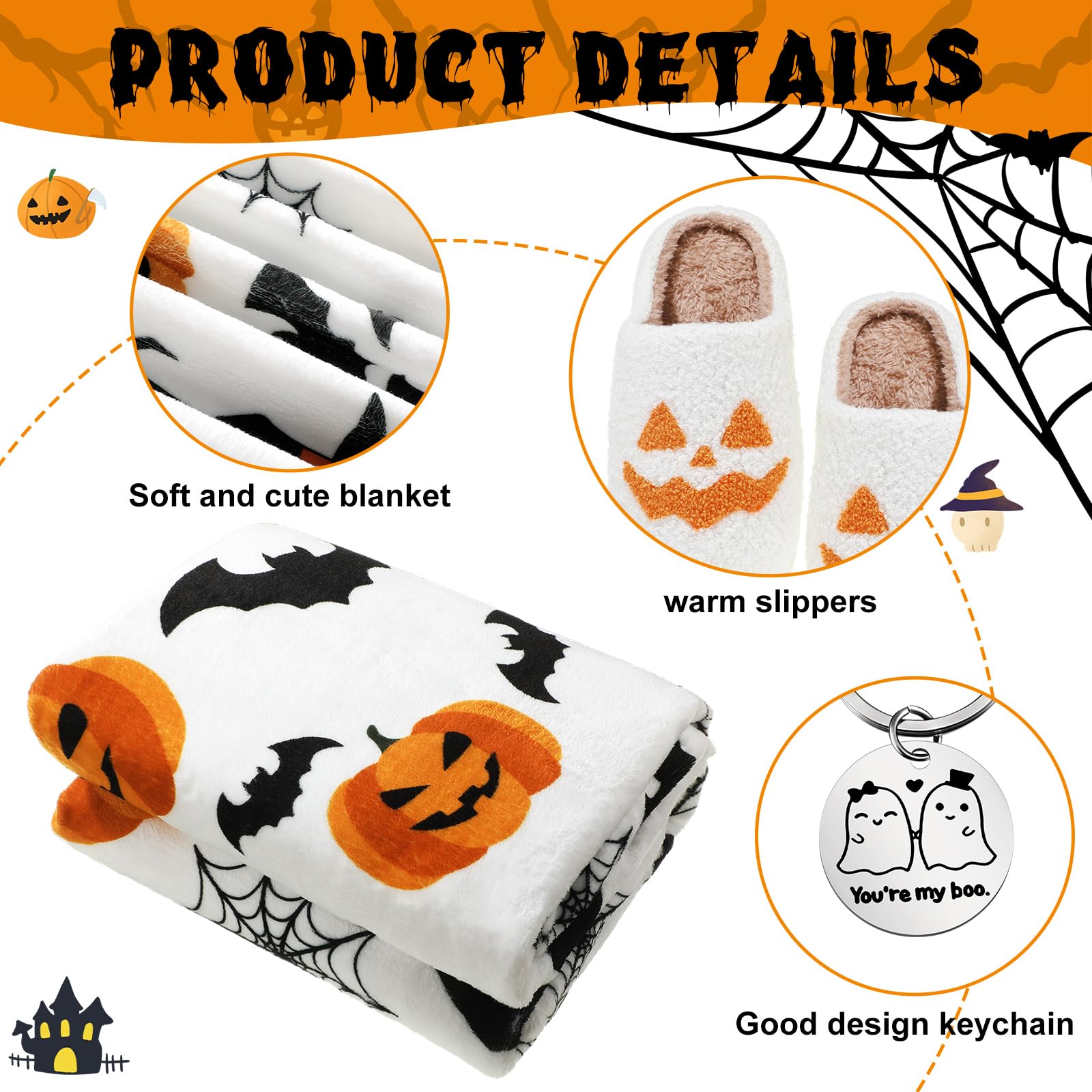 Buryeah 3 Pcs Halloween Throw Blanket Set Include 50"x60" Halloween Fleece Throw Blanket Jack O Lantern Pumpkin Fuzzy Slippers Boo Keychain for Women Men Spooky Gifts Ghost Bedroom Living Room