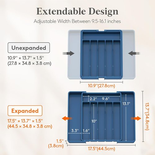 Lifewit Expandable Silverware Drawer Organizer - BPA-Free Utensil Tray for Kitchen | Adjustable 10.9"-17.5" x 13.7" - Dark Blue