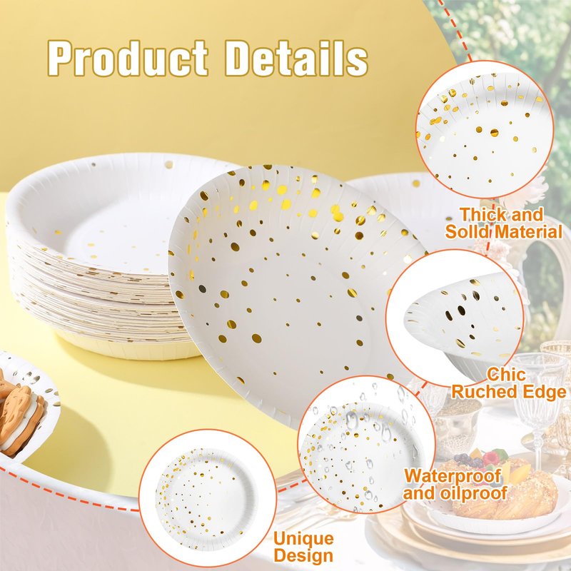 Yiyiring 60 Pack White and Gold Paper Bowls 7 Inch Disposable Gold Dot Paper Bowls for Party Birthday Supplies Round Snack Dessert Salad Disposable Tableware for Wedding, Engagement, Baby Shower