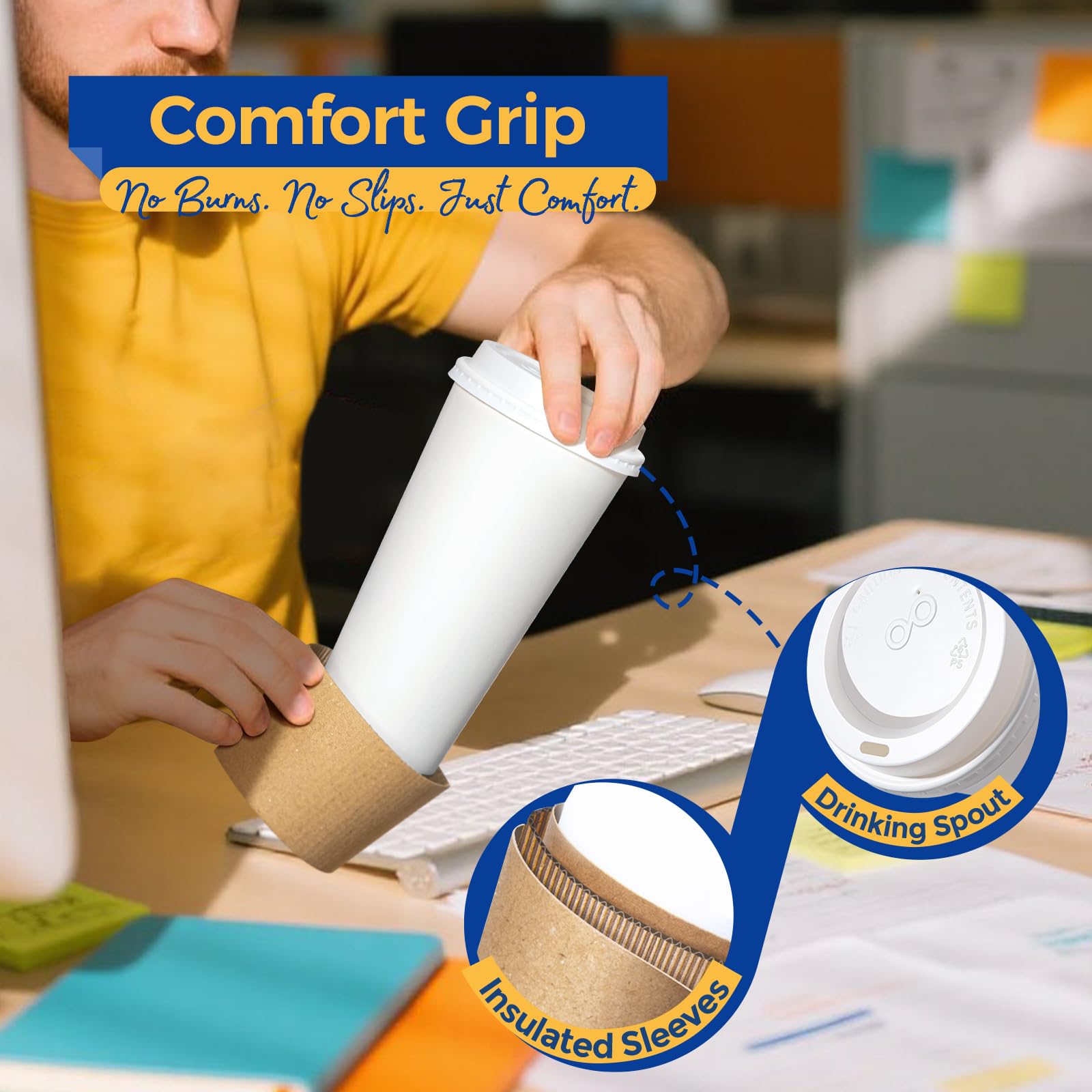 Fit Meal Prep 50 Pack 24 oz Disposable Coffee Cups with Lids, Sleeves, Leak-Proof To Go Coffee Cups with Lids, Durable Hot Paper Cups for Home, Office, Party, Business