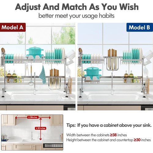 MAJALiS Over Sink Dish Drainer Drying Rack, 2 Tier Stainless Steel Dish Rack Over Sink Sink Length Adjustable (33.5-40 in), Expandable Drainer Shelf Rack with Multifunctional Organizers, Sliver
