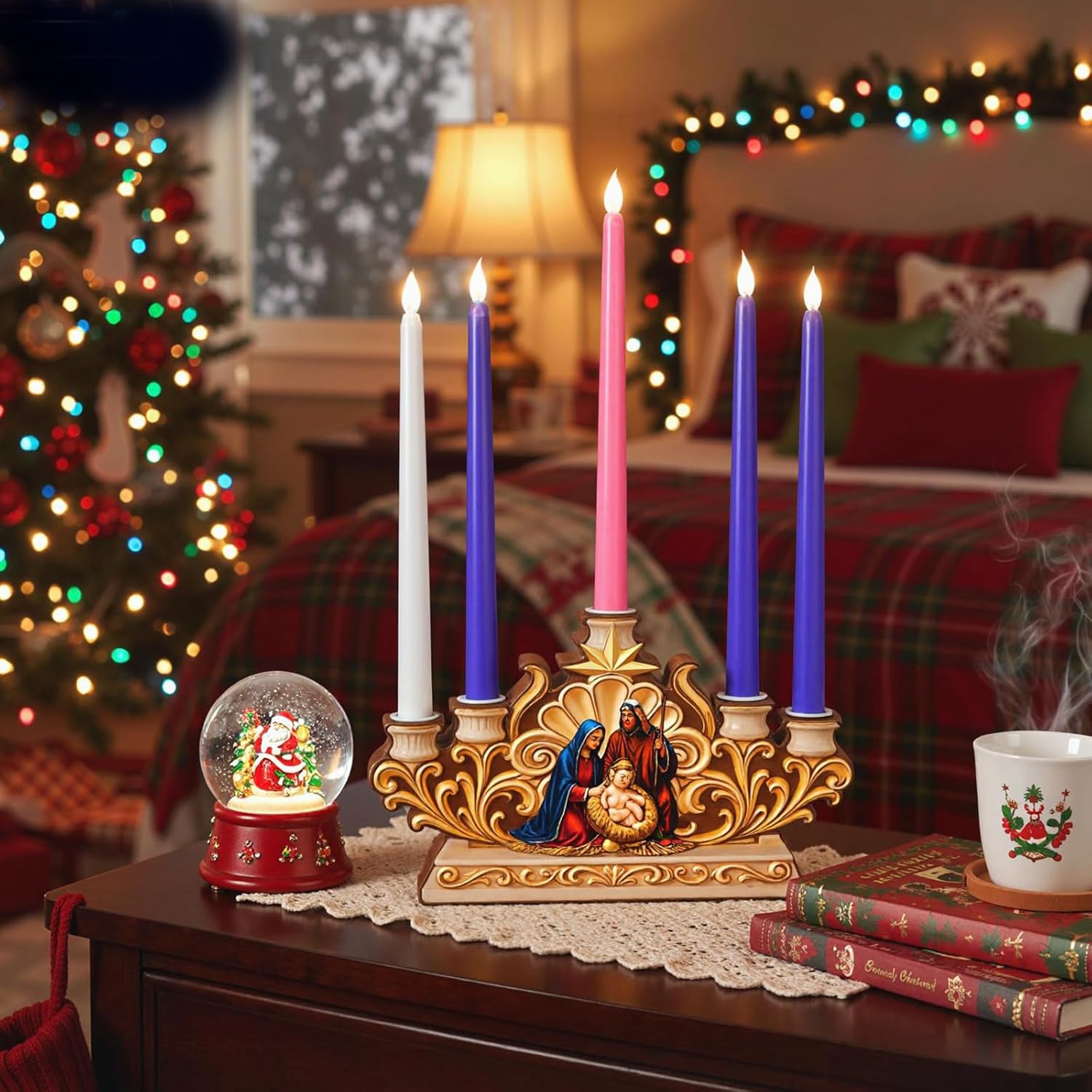 Qinyoung Advent Candle Holder - 5 Pcs Flameless Candles with Nativity Scene | Religious Table Decor
