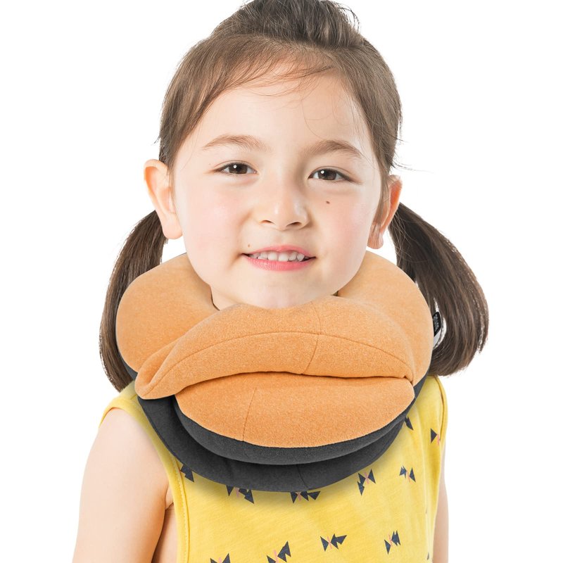 BUYUE Kids Travel Pillows for Airplane, 360° Head Support Sleeping Essentials for Boys Long Flight, Skin-Friendly Soft Neck Pillow for Traveling in Car Seat, (Small, Orange Grey, 40-90 lbs)