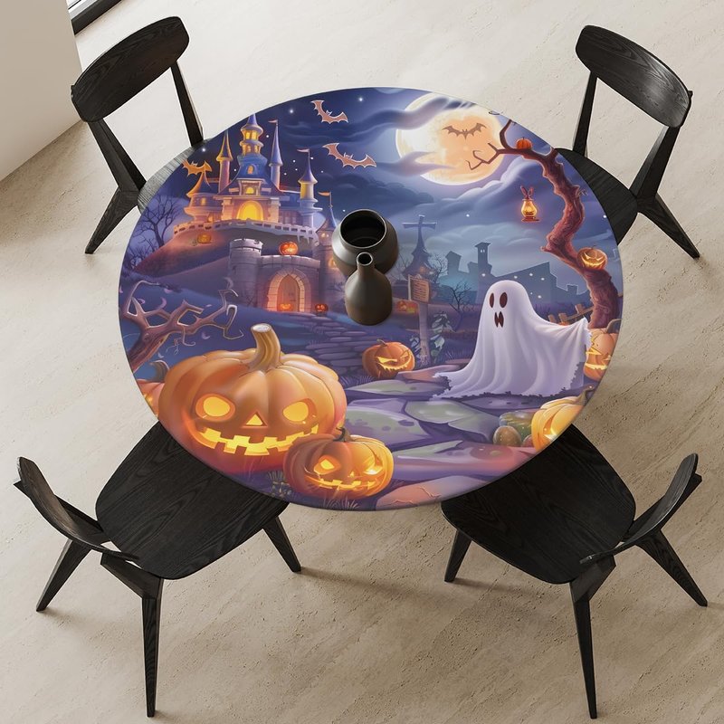 cfpolar Round Tablecloth with Elastic Edge Halloween Pumpkin bat Ghosts Round Fitted Table Cover Waterproof Wipeable Circle Table Cloths for Dining Kitchen Pattry Patio Outdoor (Fit for 45"-50")