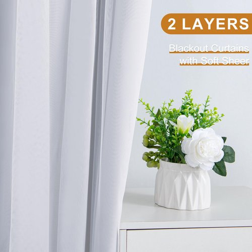 DWCN White Blackout Curtains with Sheer Overlay Thermal Insulated Mix & Match Double Layer Window Panels for Bedroom Living Room Drape Sewn with Tiebacks Grommet Top 60" Wx84 Lx2