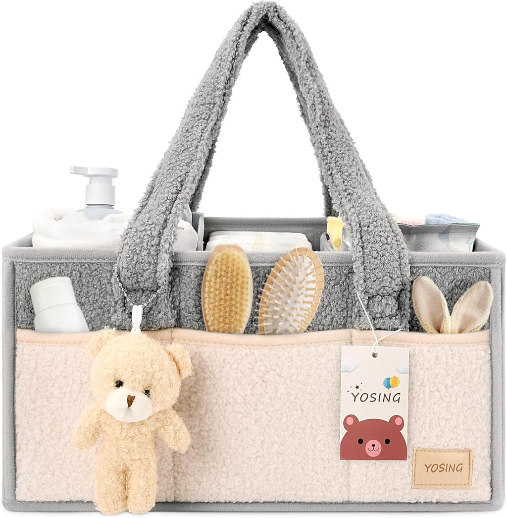 YOSING Diaper Caddy Organizer - Stylish Gray & White Nursery Storage for Baby Wipes & Diapers