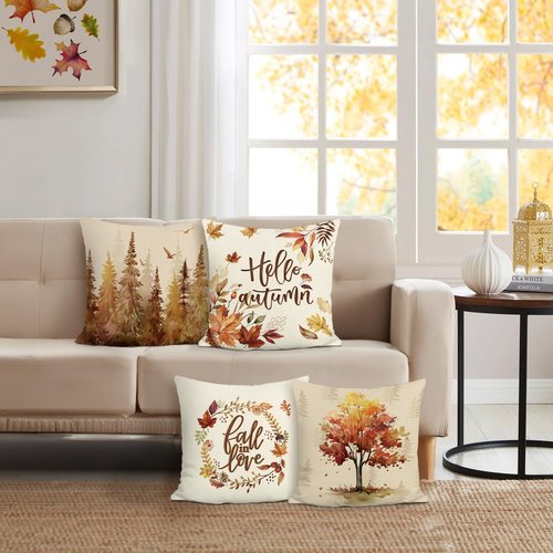 Bonhause Fall Tree Throw Pillow Covers 18 x 18 Inch Hello Autumn Leaves Forest Wreath Decorative Pillow Cases for Couch Sofa Bed Home Fall Decor Set of 4