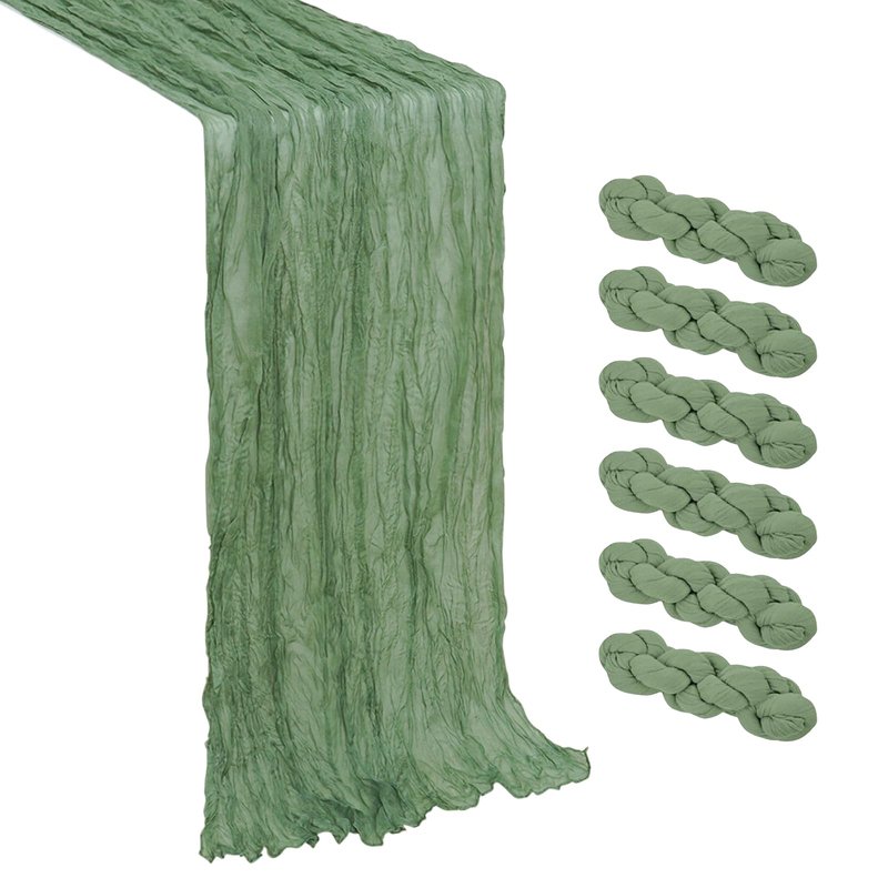 Eternal Beauty 6 Pack Sage Green Cheesecloth Table Runners - 35x120 in - 10FT Gauze Fabric Boho Table Decor - Rustic Sheer Wedding Runner for Baby Shower, Birthday Party & Special Events
