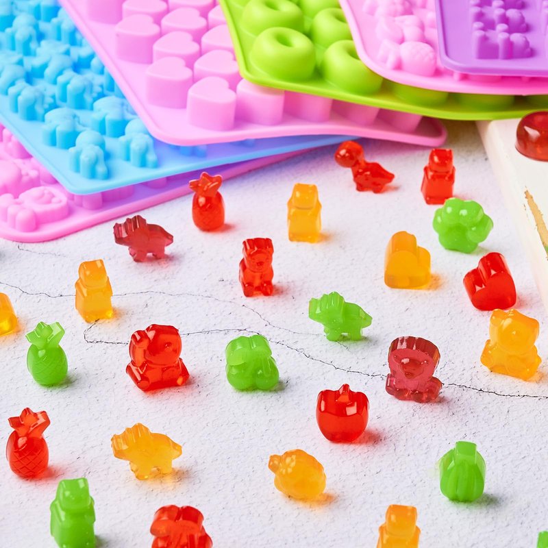 6 Pcs Mini Gummy Candy Molds Set, Silicone Bear Donut Dinosaur Fruit Snack Molds with 4 Droppers, Storage Box and Brush for Small Jello Candy Chocolate Gummy
